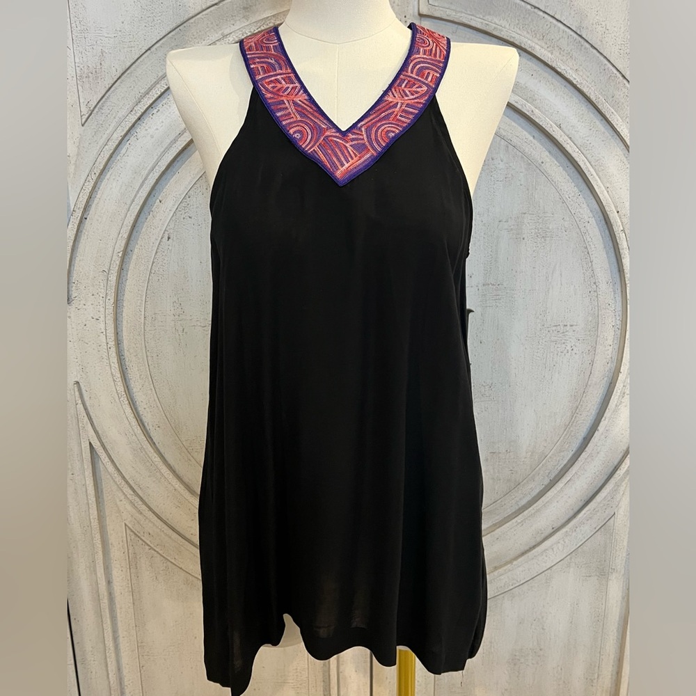 Robert Graham Olivia Black with Purple and Pink embroidery V Neck Tank Top